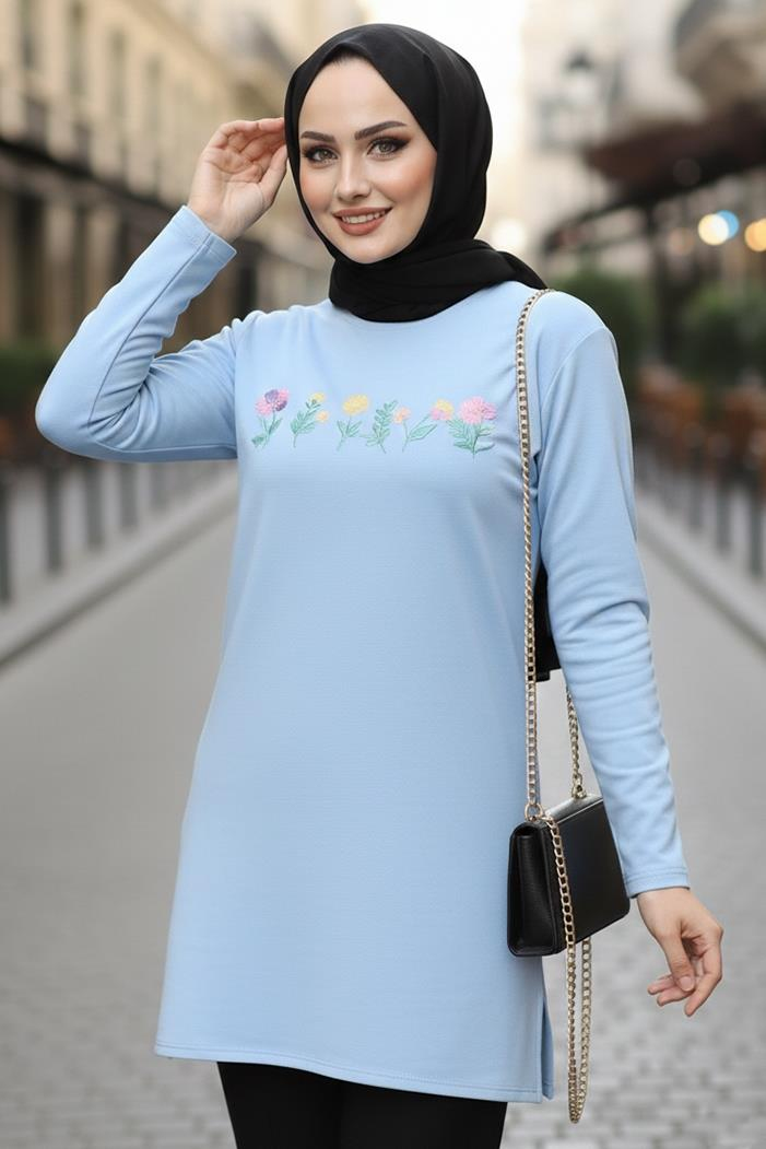 Çiçek Desen Tesettür Tunik 1425 - Bebe Mavi