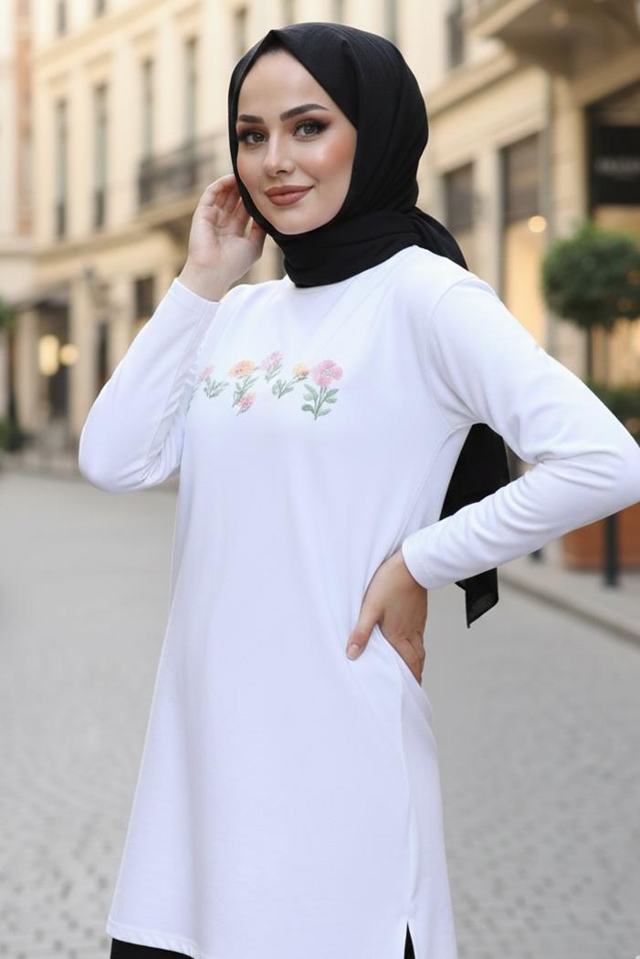 Çiçek Desen Tesettür Tunik 1425 - Beyaz