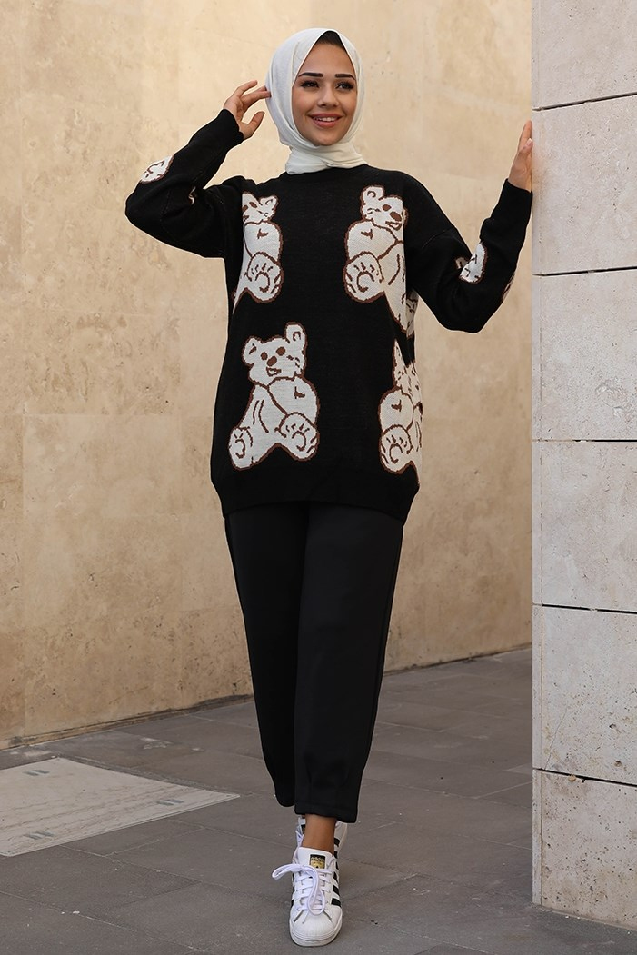 Çise Ayıcık Desenli Triko Tunik 328 - Siyah