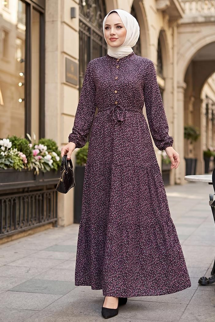 Çıtır Çiçek Desen Yarım Düğmeli Elbise 1629 - Pembe