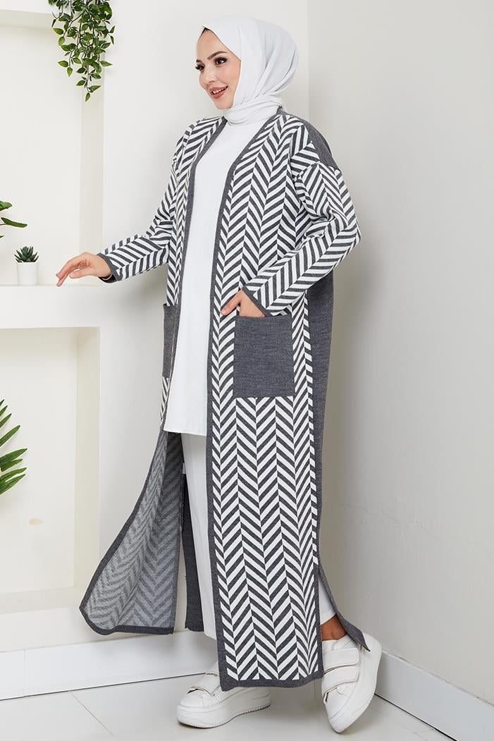 Çizgi Detaylı Triko Hırka 1604 - Antrasit