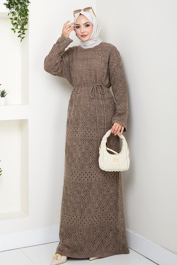 Dantel Motifli Astarlı Triko Elbise 1601 - Açık Kahve
