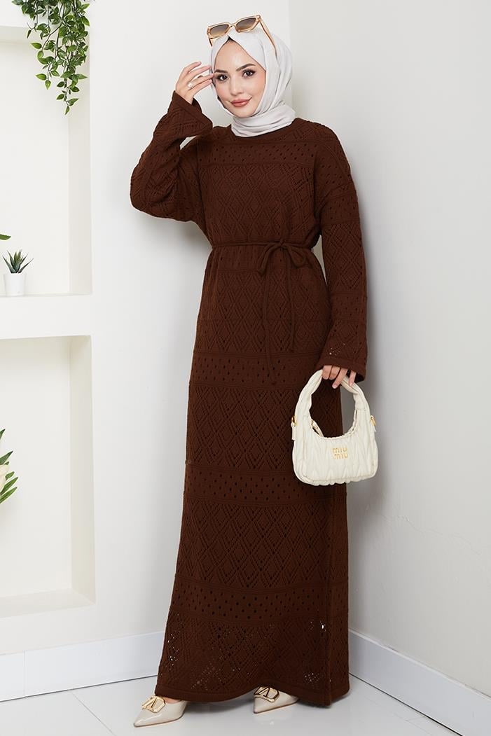 Dantel Motifli Astarlı Triko Elbise 1601 - Acı Kahve