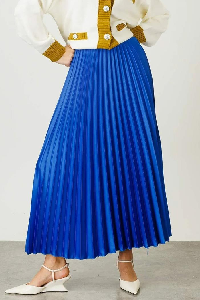 Deri Görünümlü Piliseli Etek 736 - Saks Mavisi