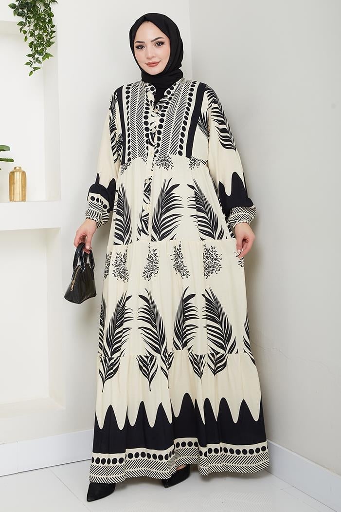 Dilar Yarım Düğmeli Dokuma Viskon Elbise 1484 -Siyah