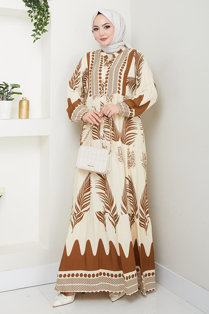 Dilar Yarım Düğmeli Dokuma Viskon Elbise 1484 - Kahve