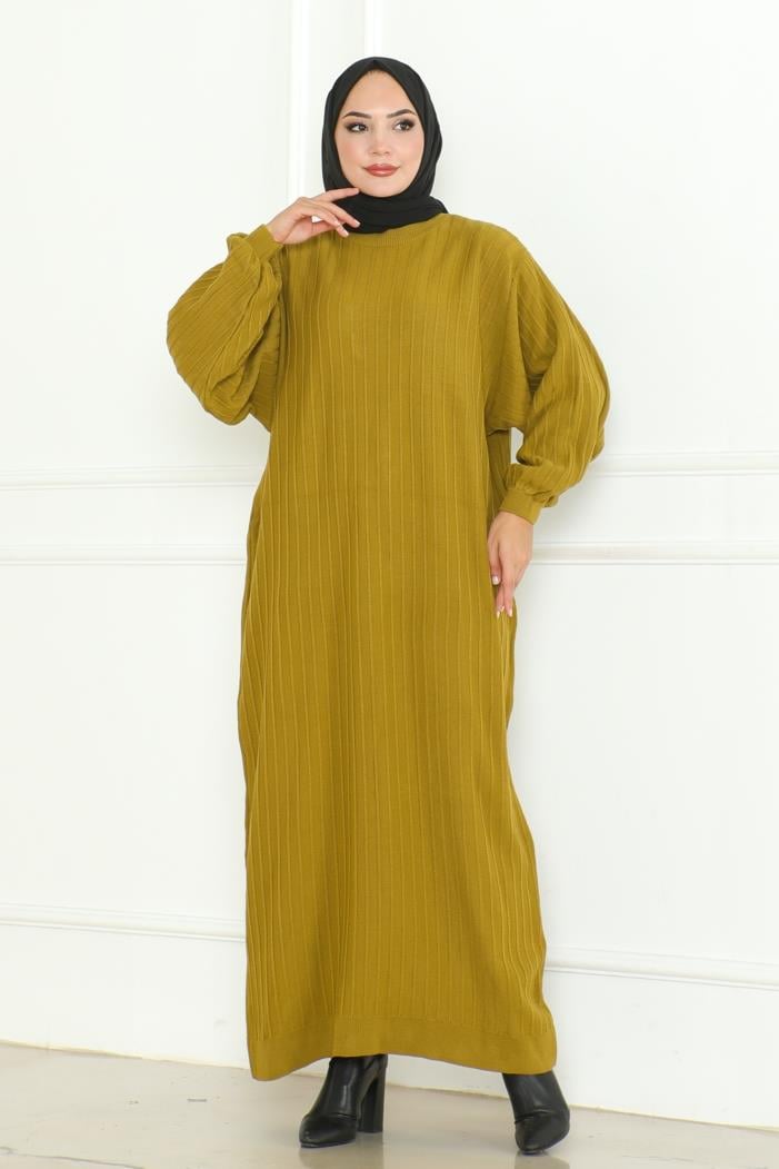 Diyel Balon Kol Triko Elbise 1127 - Yağ Yeşili