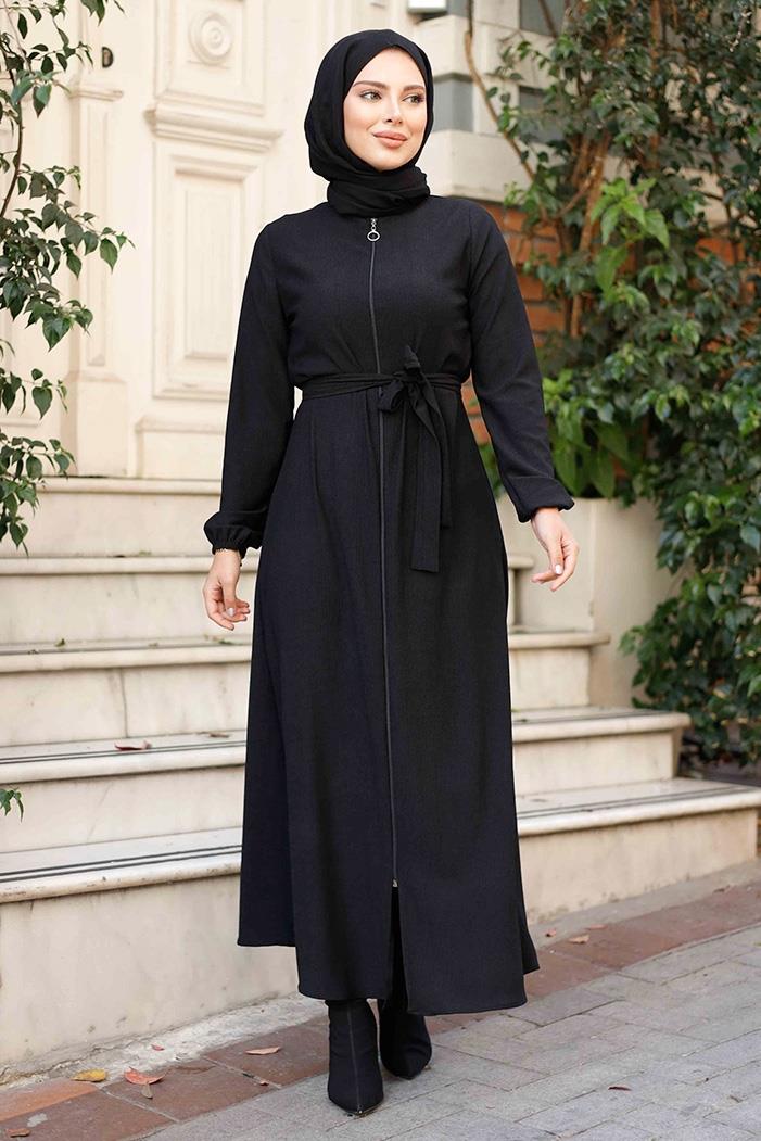 Edna Fermuarlı Tesettür Ferace 1265 - Siyah
