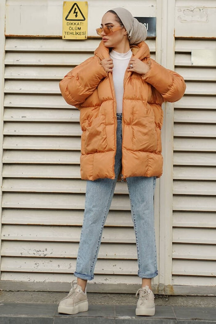 Efsa Çift Cepli Kapüşonlu Tesettür Şişme Mont 354 - Vizon