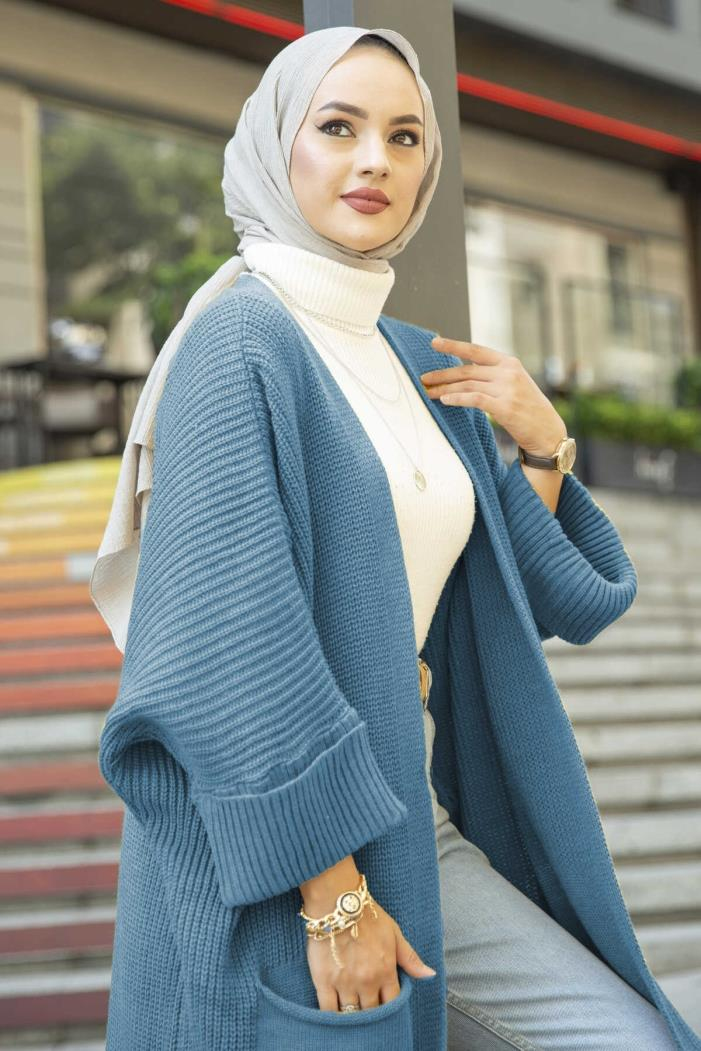 Eftalya Çift Cepli Uzun Triko Tesettür Hırka 329 - Mavi
