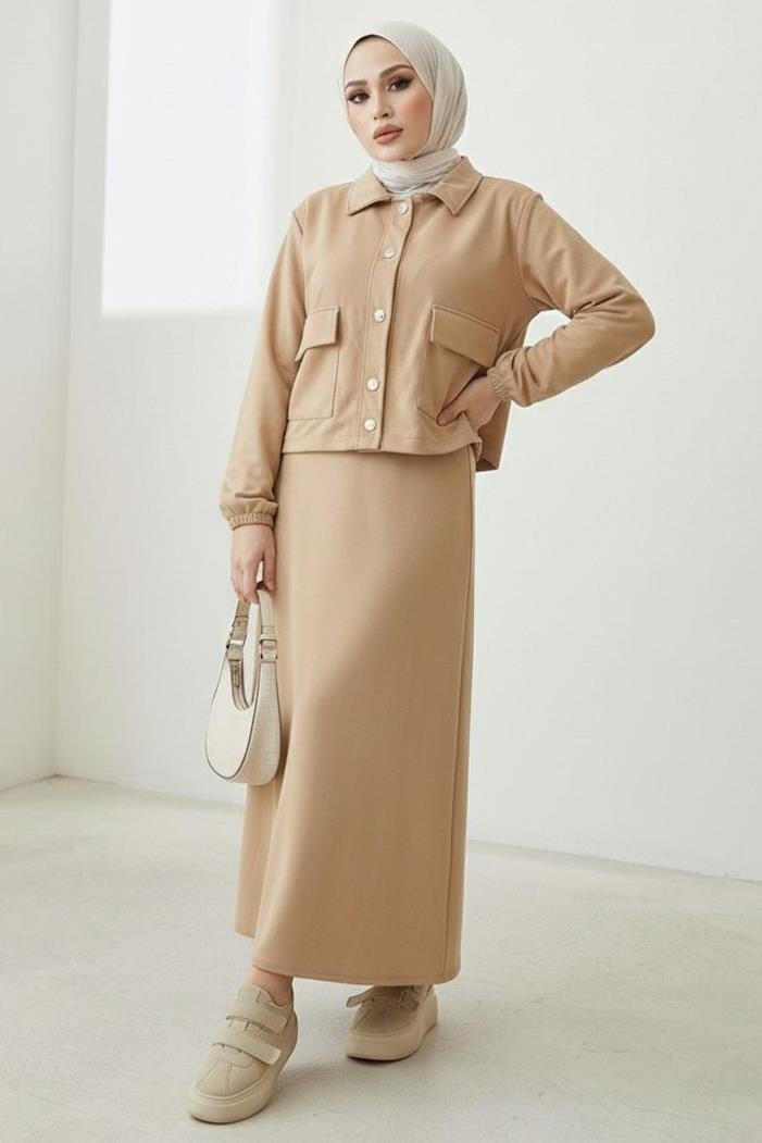 Elmina Ceket Elbise Scuba İkili Takım 1673 - Taş