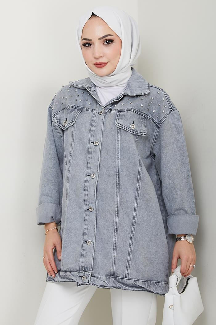 Elyez Taşlı Kot Ceket 1456 - Gri