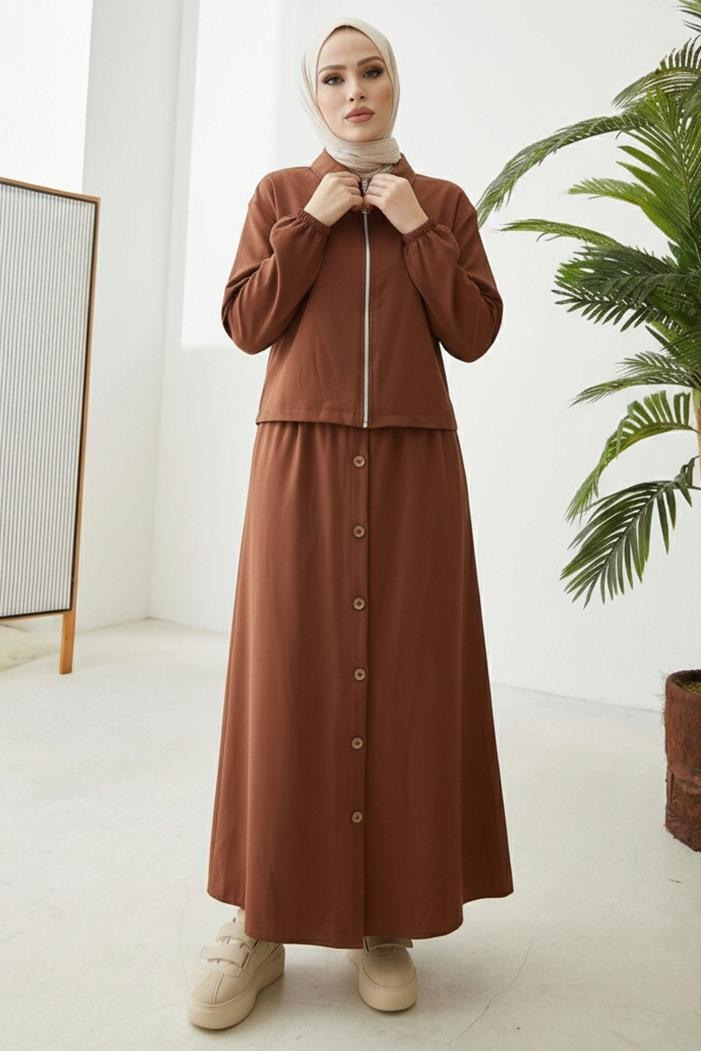 Fermuarlı Tunik Etek İkili Takım 1674 - Kahve