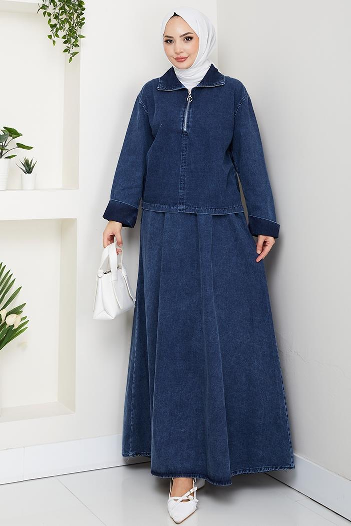Fermuarlı Tunik Etek Kot İkili Takım 1643 - Mavi