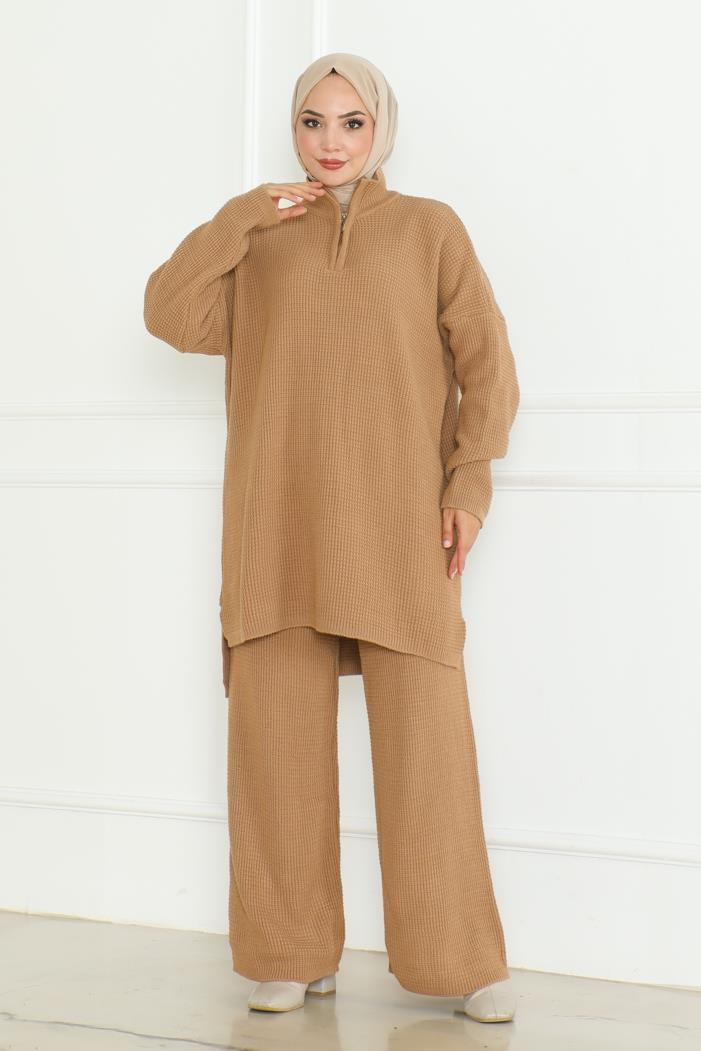 Fermuarlı Tunik Pantolon Triko Takım 1126 - Vizon