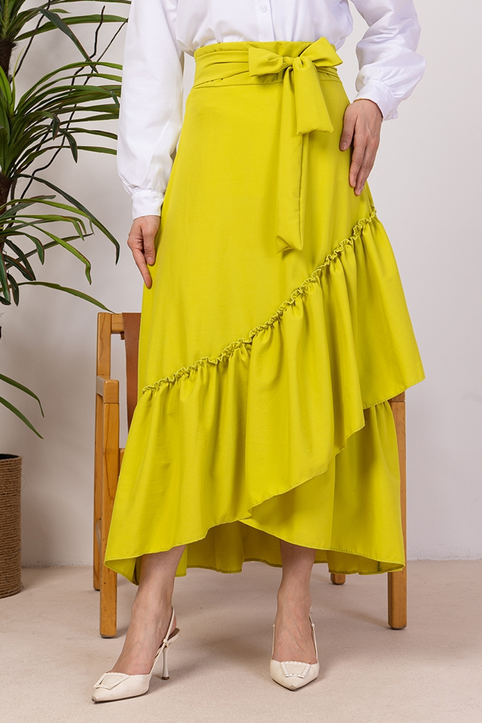 Fırfır Detaylı Kemerli Etek 1403 - Yağ Yeşili