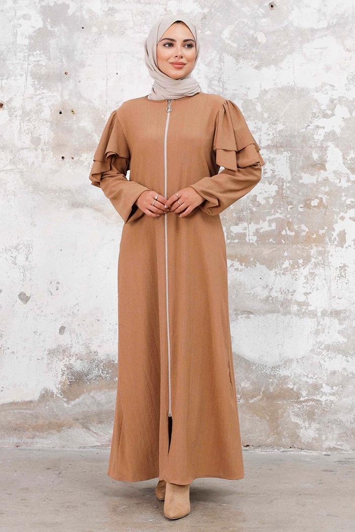 Fırfır Kol Boydan Fermuarlı Ferace 1248 - Vizon