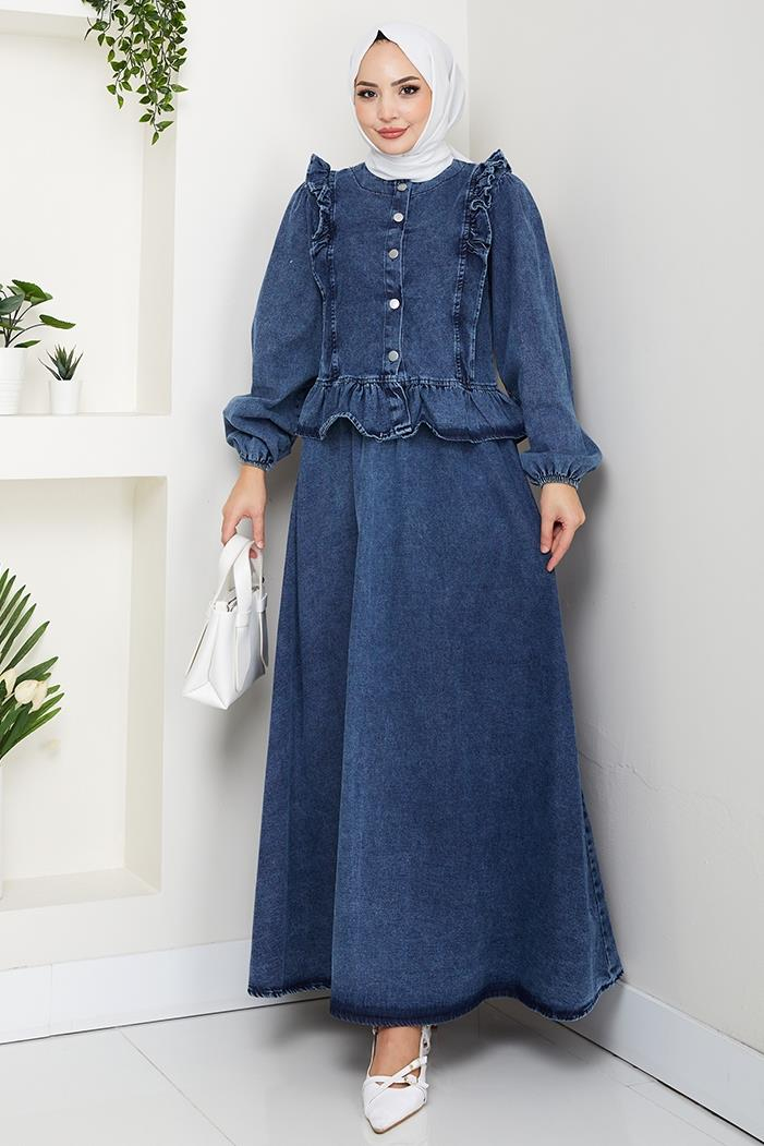 Fırfırlı Ceket Etek Kot İkili Takım 1638 - Mavi