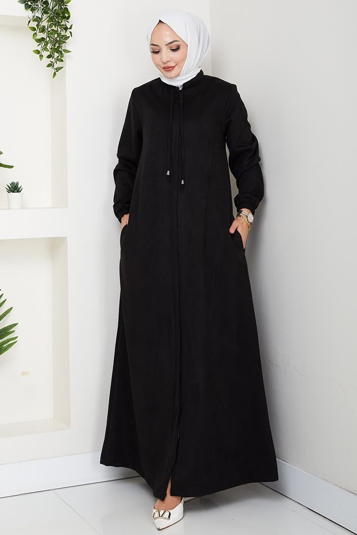 Gizli Fermuarlı Süet Ferace 1605 - Siyah