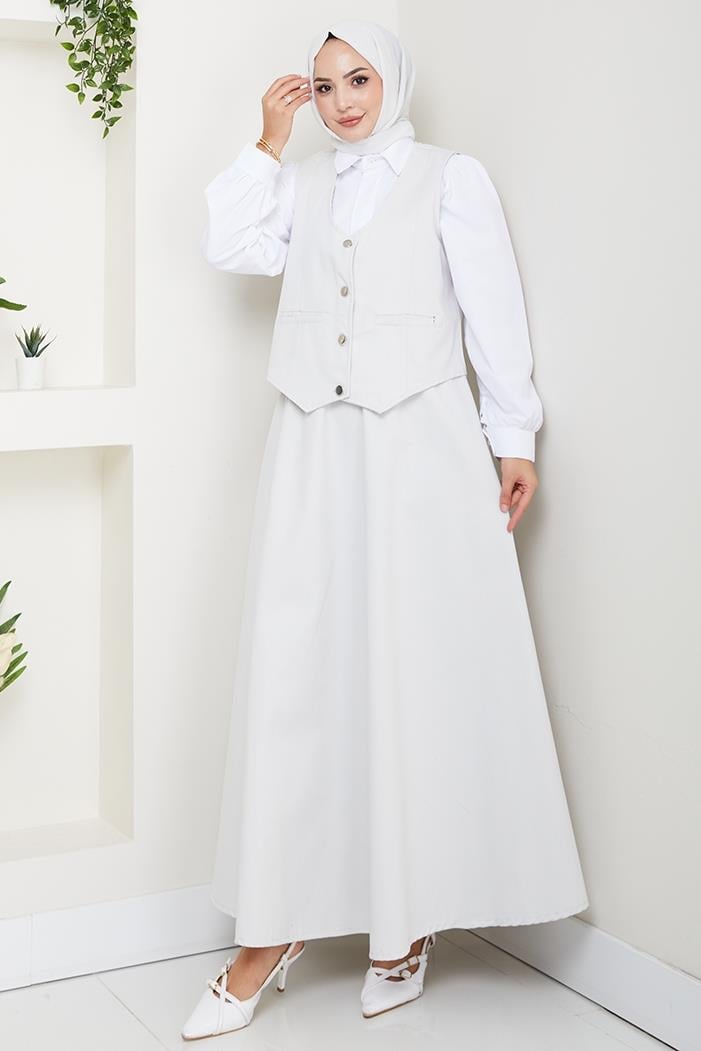 İkili Gabardin Yelek Etek Takım 1400 - Gri