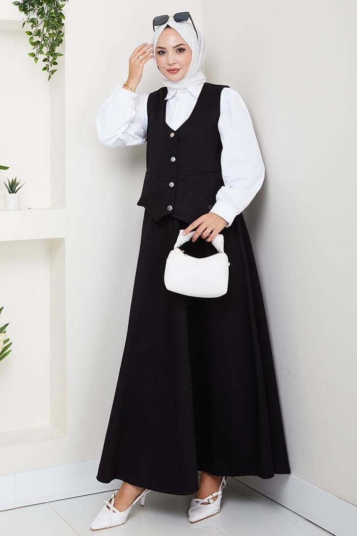İkili Gabardin Yelek Etek Takım 1400  - Siyah
