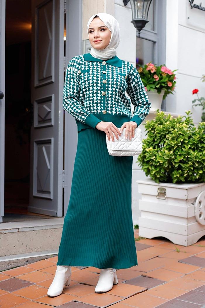 Jeli Elbise Hırka İkili Triko Takım 1220 - Zümrüt Yeşili