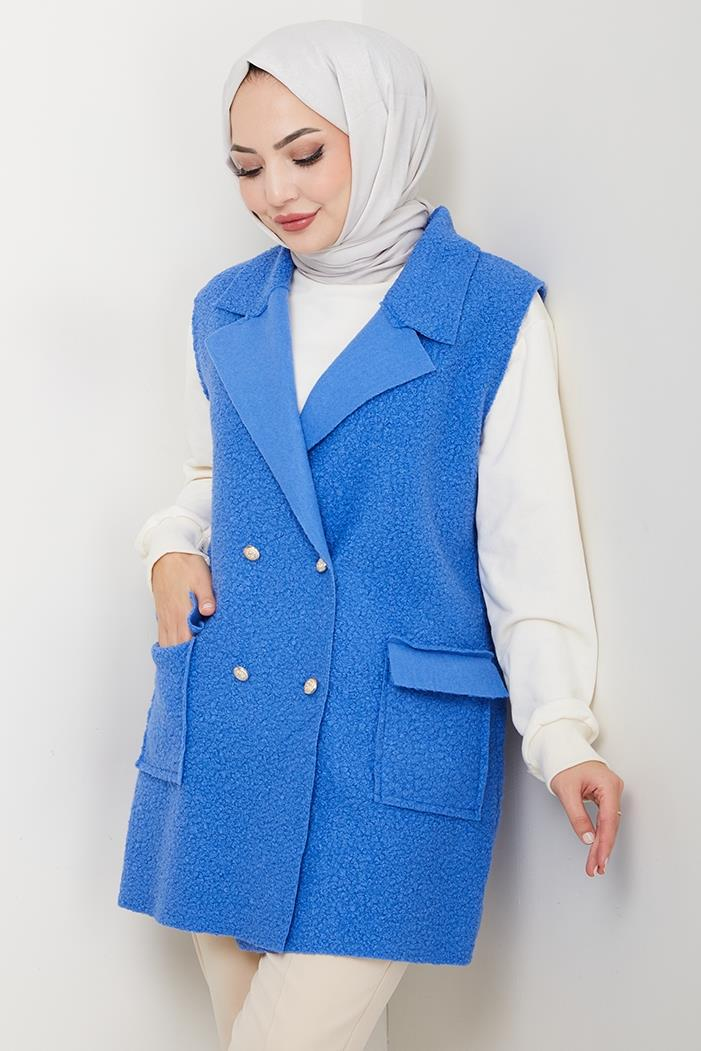 Kapak Cepli Düğmeli Yelek 1649 - Mavi