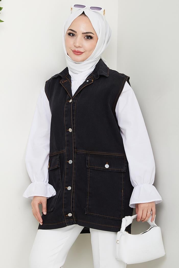 Kapak Cepli Kot Yelek 1431 - Siyah