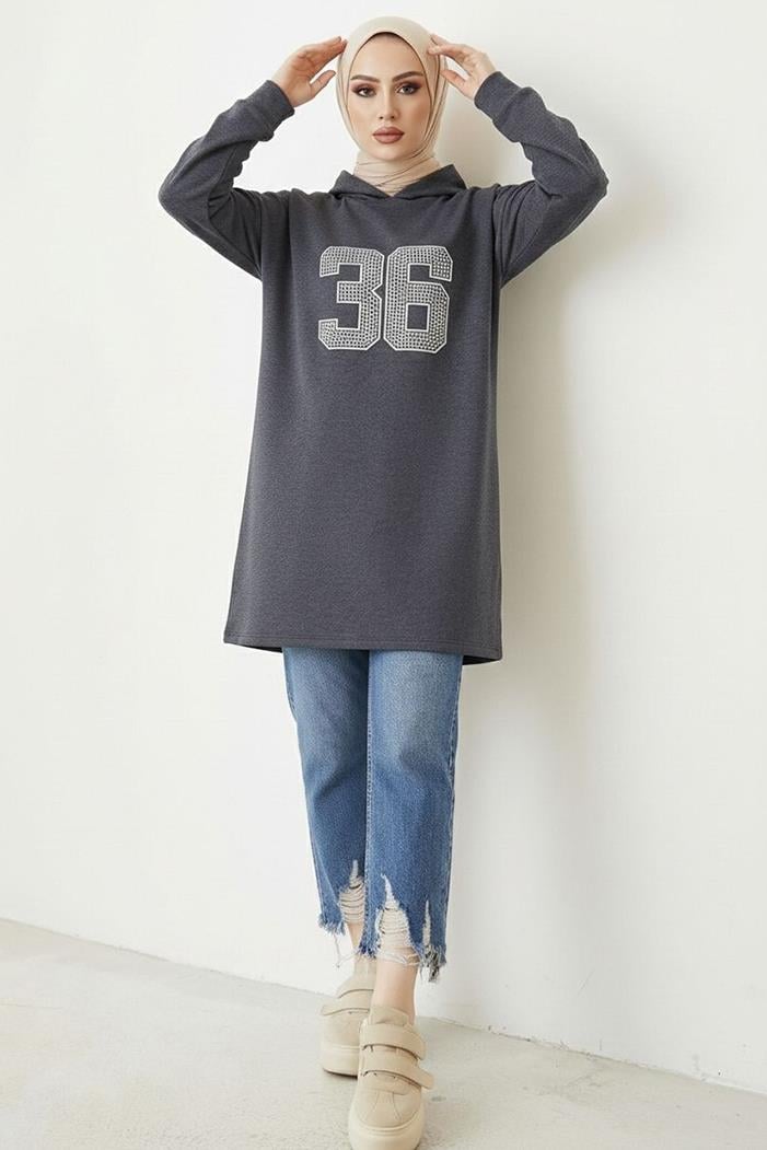 Kapüşonlu Baskılı Tesettür Tunik 1214 - Antrasit