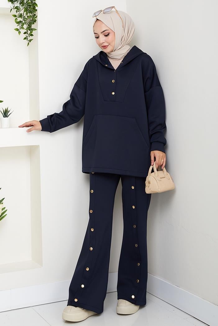Kapüşonlu Düğme Detaylı Scuba Takım 1592 - Lacivert