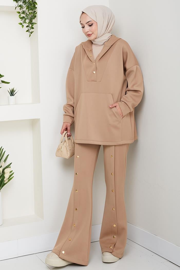 Kapüşonlu Düğme Detaylı Scuba Takım 1592 - Vizon