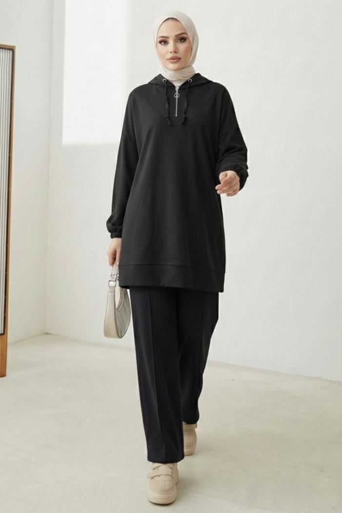 Kapüşonlu Oysho Tunik Pantolon İkili Takım 1676 - Siyah