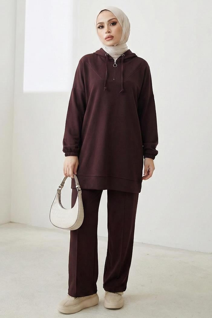 Kapüşonlu Oysho Tunik Pantolon İkili Takım 1676 - Kahve