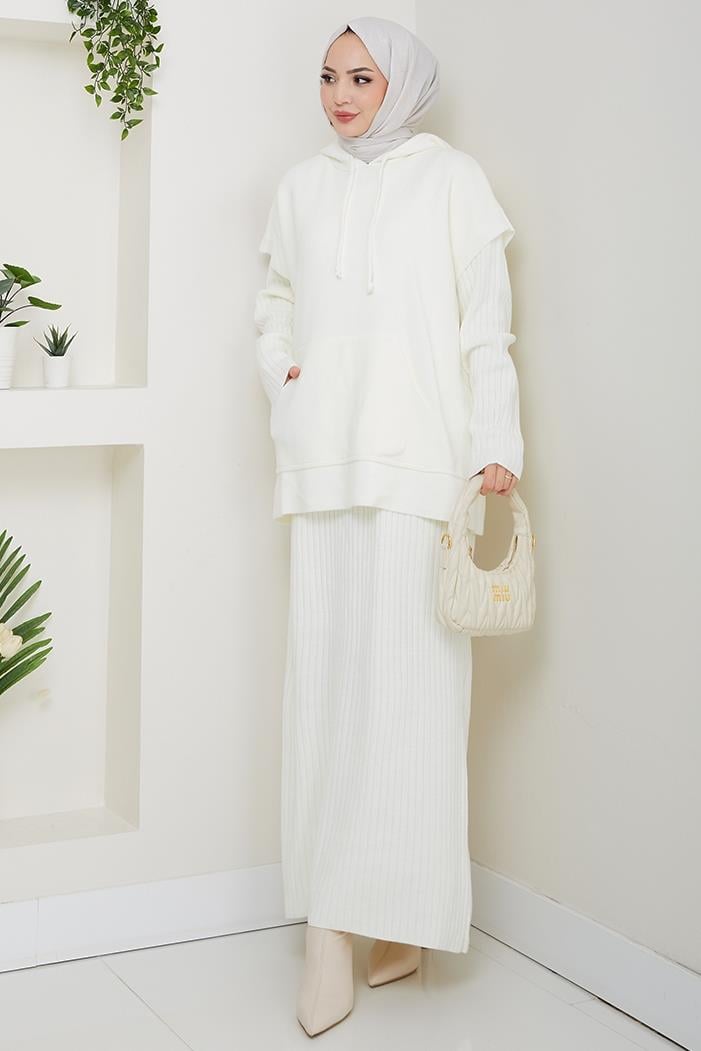 Kapüşonlu Tunik Elbise Triko Takım 1645 - Beyaz