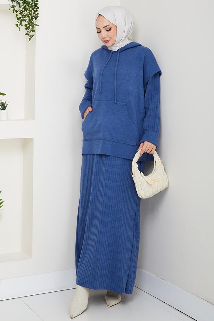 Kapüşonlu Tunik Elbise Triko Takım 1645 - Mavi