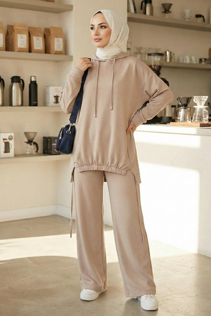 Kapüşonlu Tunik Pantolon Takım 1682 - Vizon