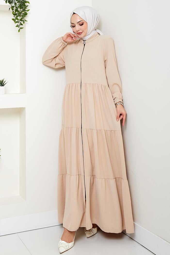 Kat Detaylı Fermuarlı Ferace 1586 - Bej