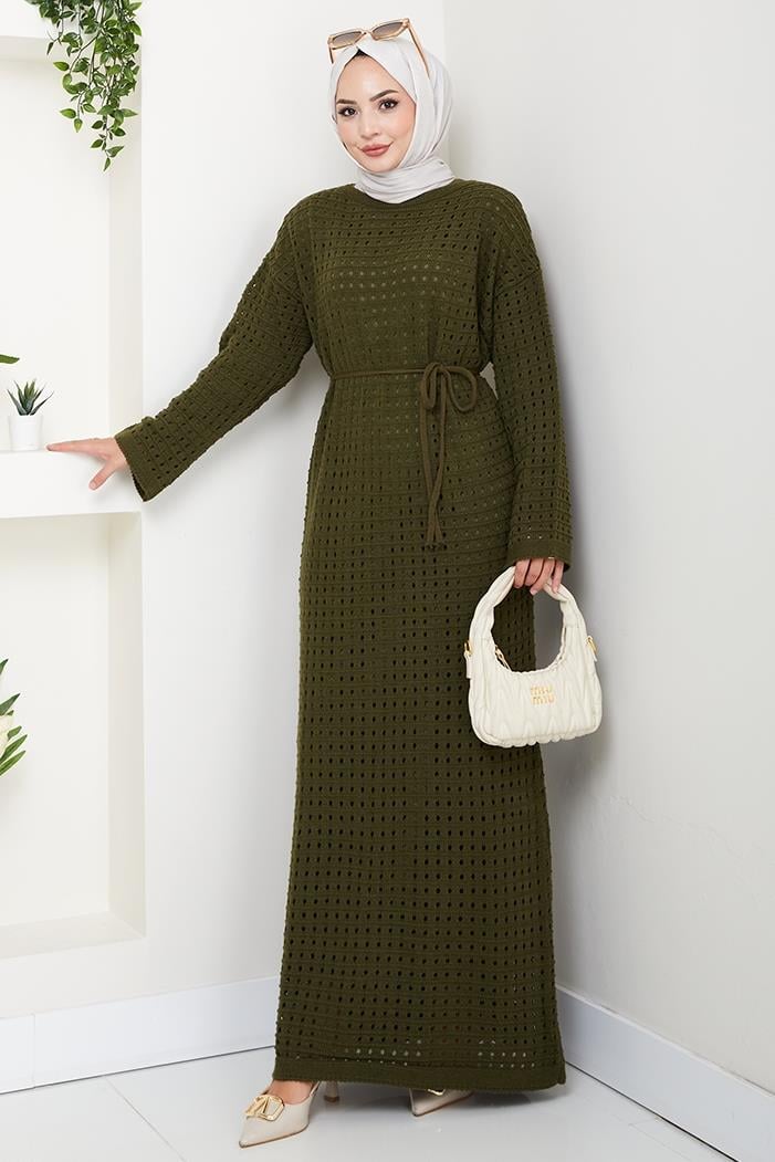 Kemerli Dantel Detay Astarlı Triko Elbise 1602 - Haki