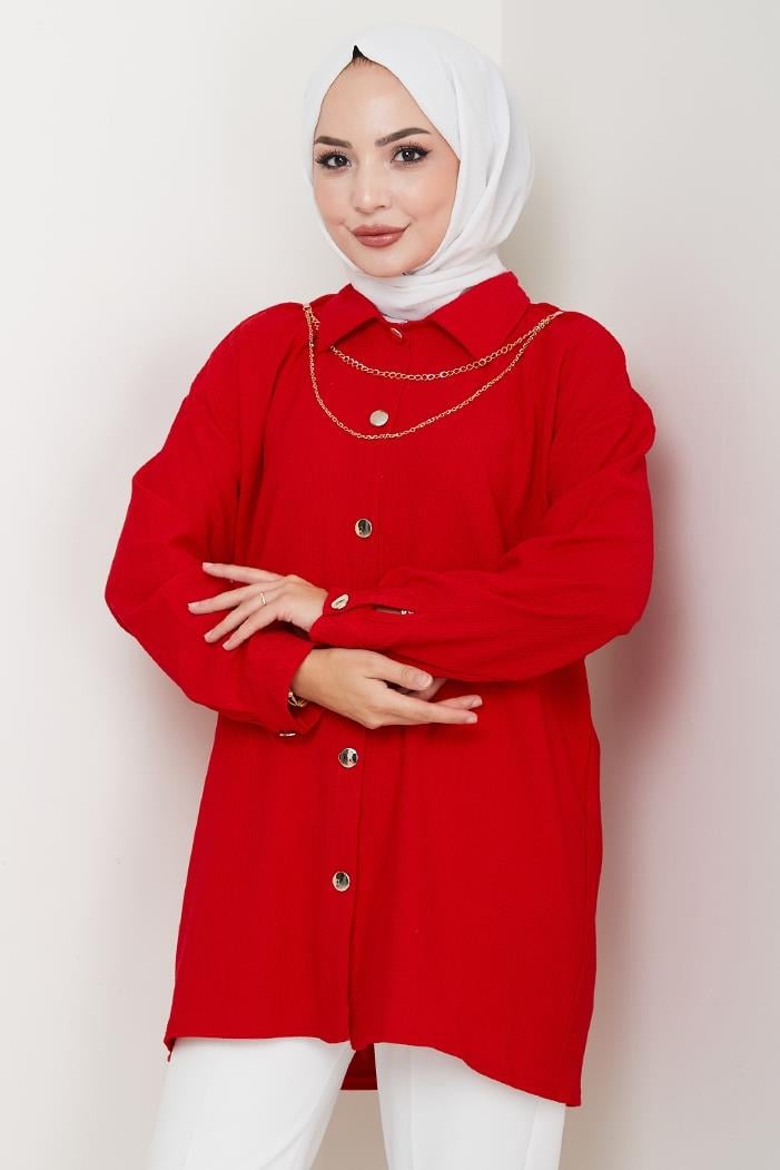 Kolye Hediyeli Tesettür Gömlek 530 - Kırmızı