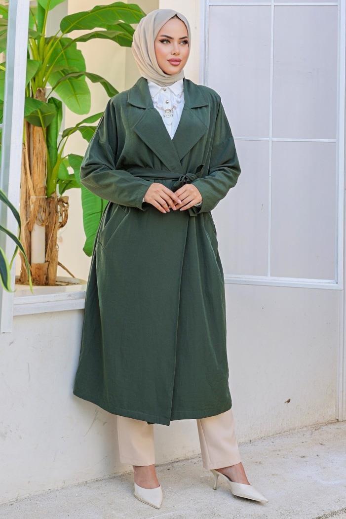 Kruvaze Yaka Kuşaklı Ayrobin Trenç 897 - Haki