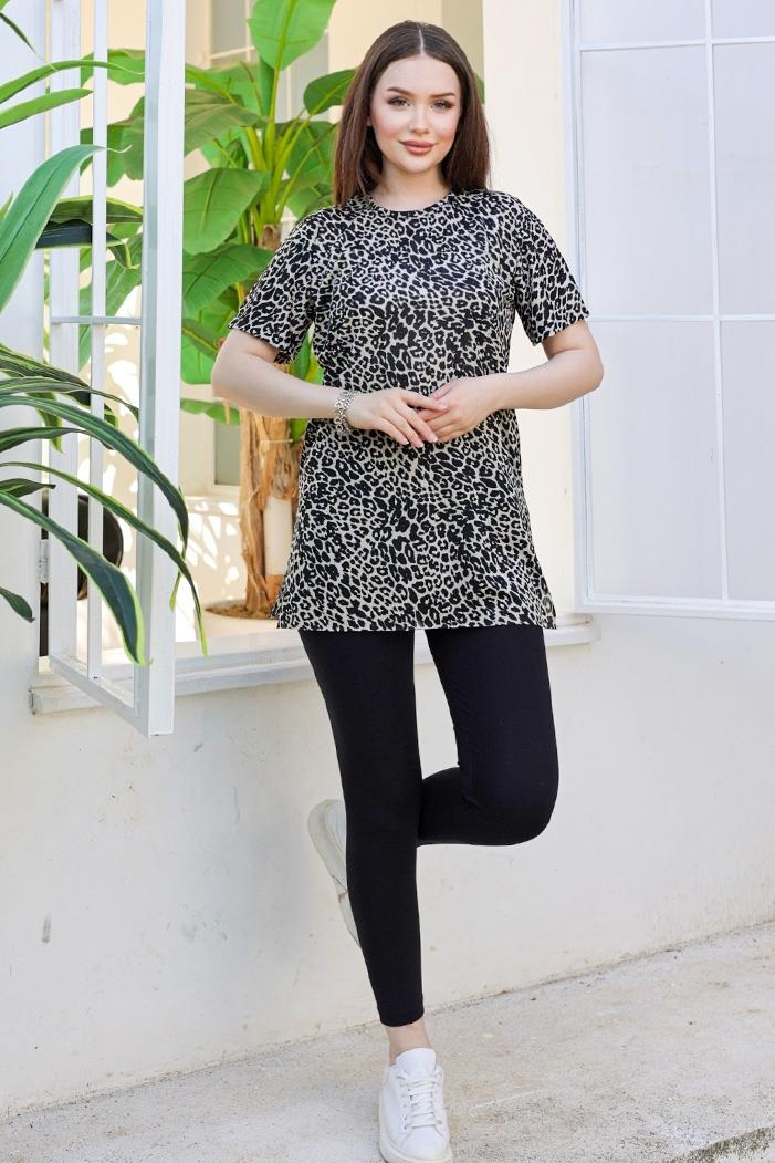 Leopar Desen Kısa Kollu Tunik 872 - Taş