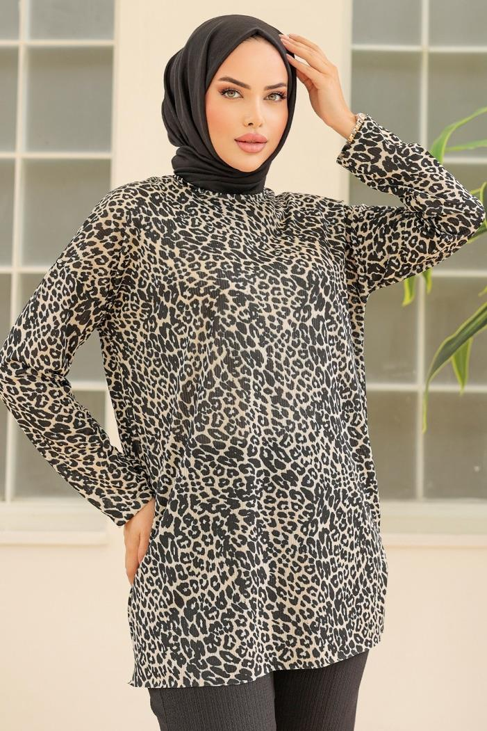 Leopar Desenli Tesettür Tunik 859 - Taş
