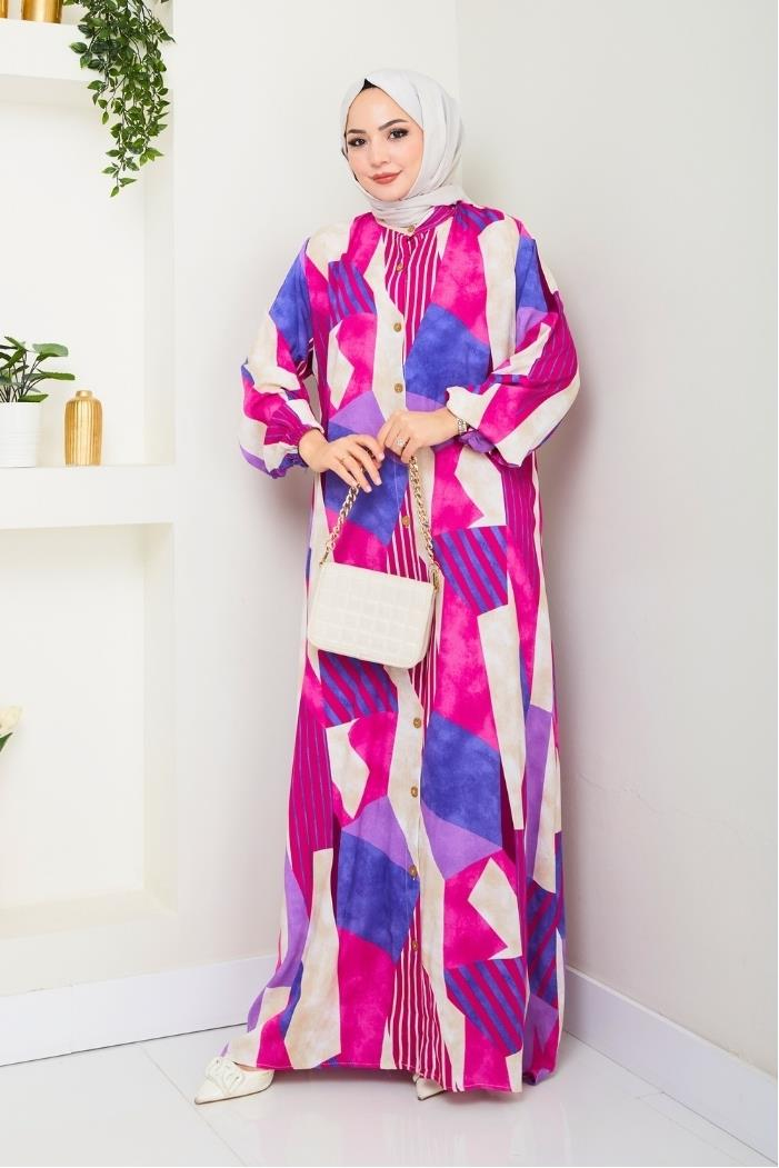 Milaz Boydan Düğmeli Dokuma Viskon Elbise 1501 - Fuşya