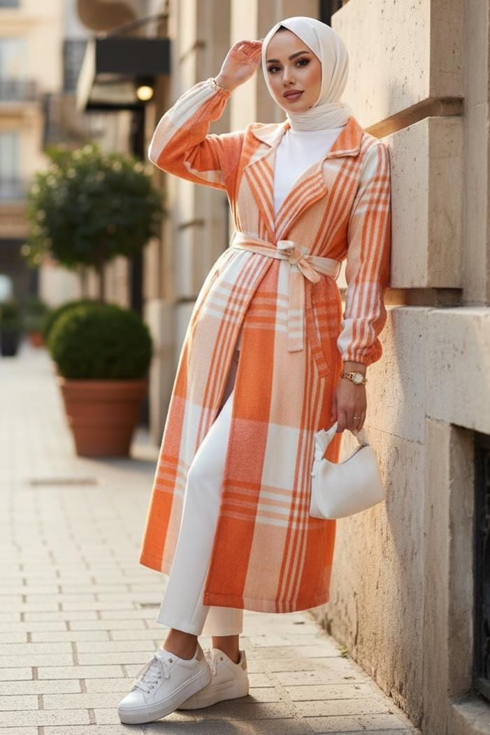 Nevin Çift Cepli Kruvaze Yaka Tesettür Hırka 405 - Turuncu