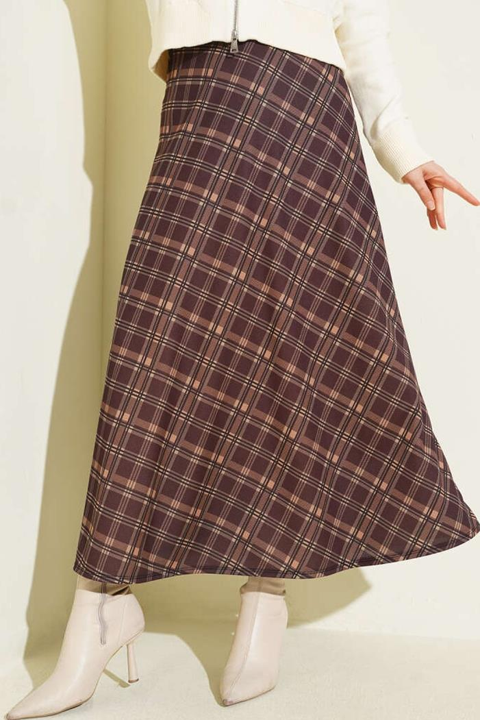 Örme Ekose Kloş Etek 1680 - Kahve