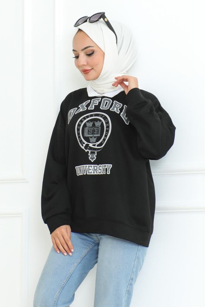 Oxford Baskılı Gömlek Yaka Tunik 1100 - Siyah