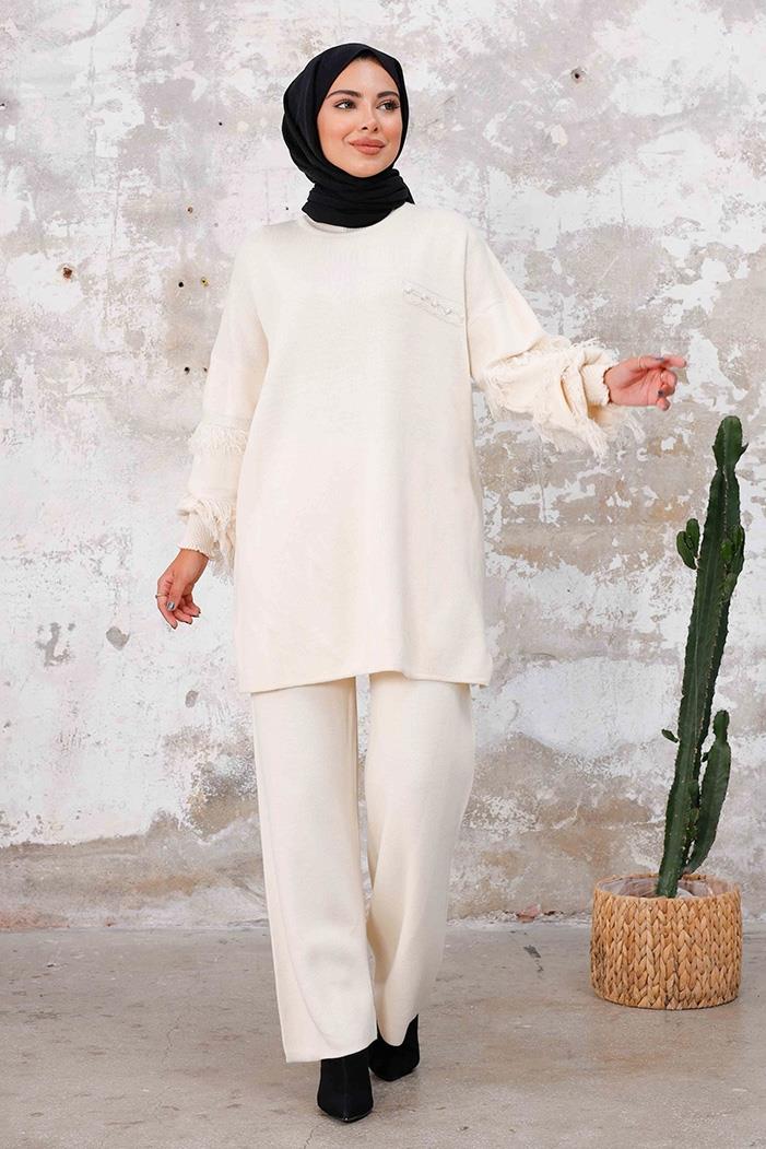 Püskül Kol Tunik Pantolon İkili Triko Takım 1234 - Ekru
