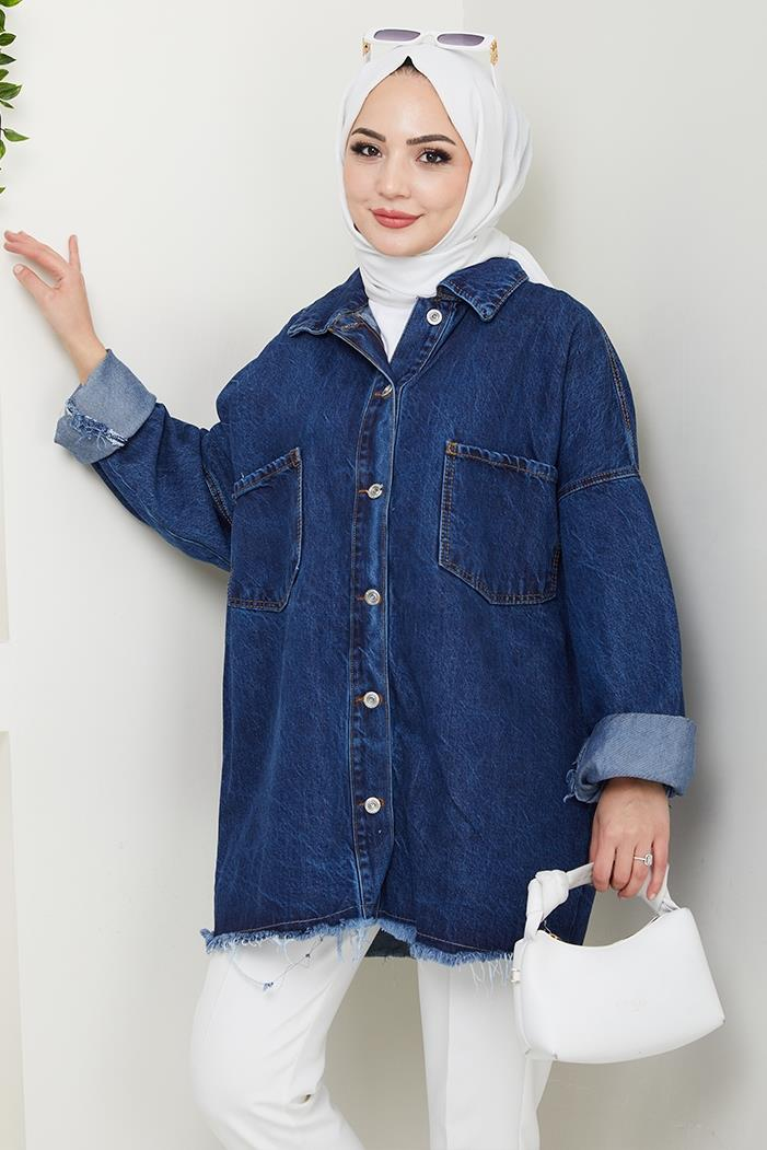 Püsküllü Oversize Kot Ceket 1458 - Mavi