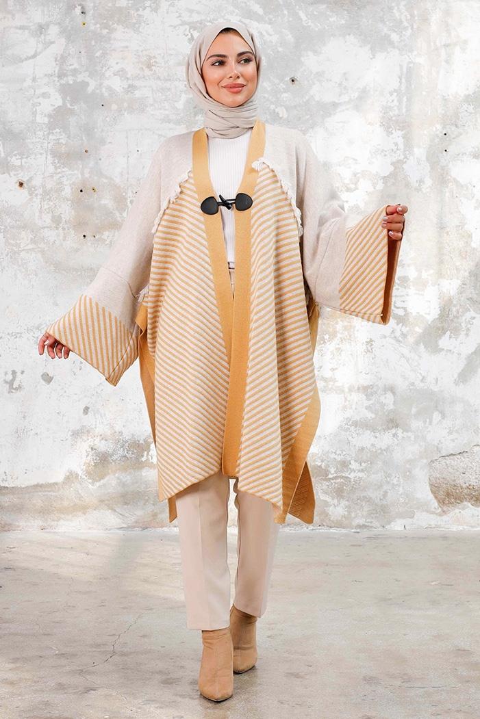 Püsküllü Oversize Triko Panço 1239 - Taş