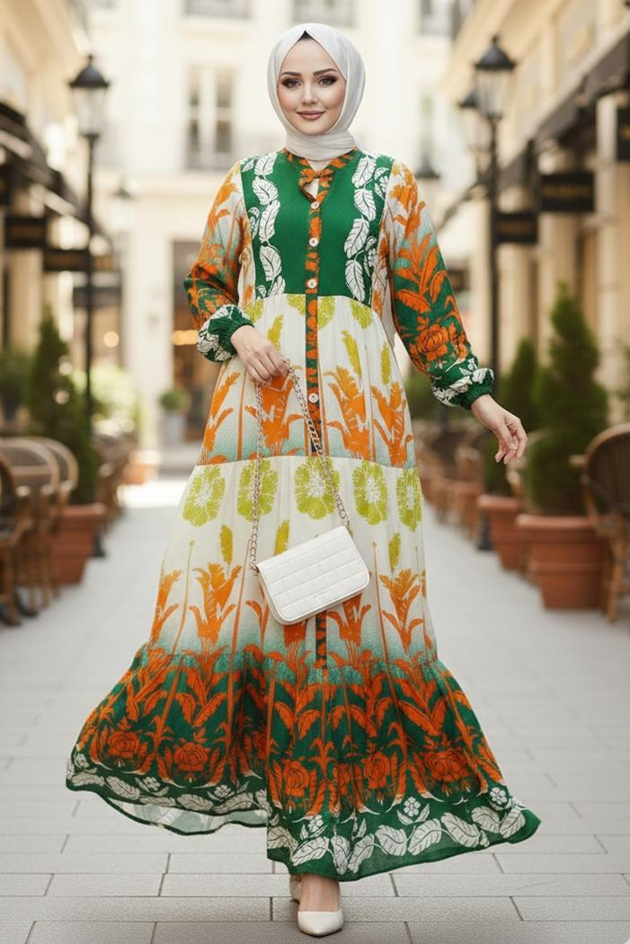 Seyer Yarım Düğmeli Dokuma Viskon Elbise 1485 - Turuncu